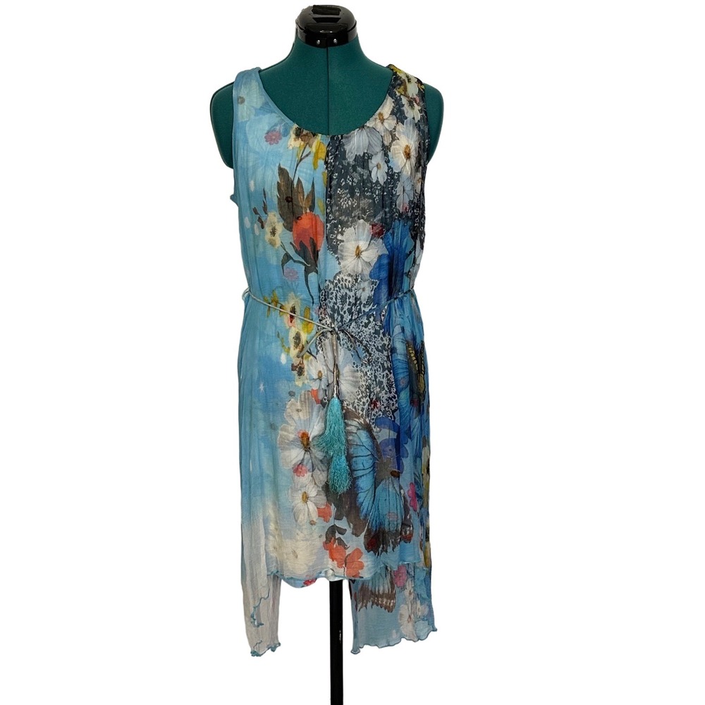 Rene Derhy Dress Floral Butterfly Tassel Belt M Blue Sheer Overlay split back